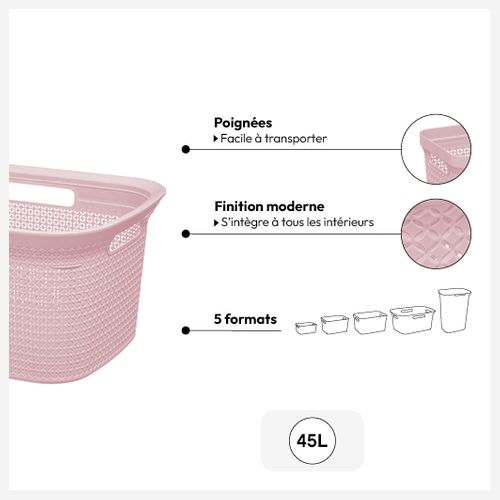 Panier à Linge 45l Rose 4 Poignées Intégrées L 59 X P 41 X H 27.7 Cm
