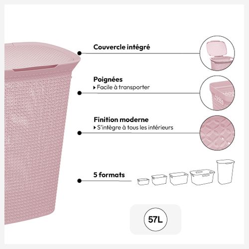 Panier à Linge 57l Rose Poignées Et Couvercle Intégrés L 46.5 X L 35 X H 61.6 Cm