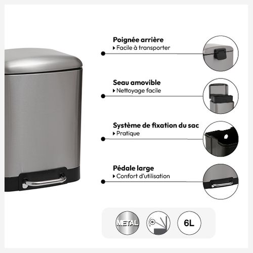 Poubelle à Pédale 6l En Métal Inox Avec Couvercle Frein De Chute