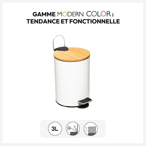 Poubelle De Salle De Bain En Métal Blanc Et Couvercle En Bambou 3 L