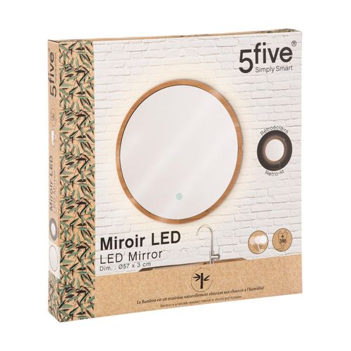 Miroir Mural Rond Lumineux à LED 3 Intensités En Bambou Et Verre D 57 Cm