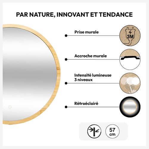 Miroir Mural Rond Lumineux à LED 3 Intensités En Bambou Et Verre D 57 Cm