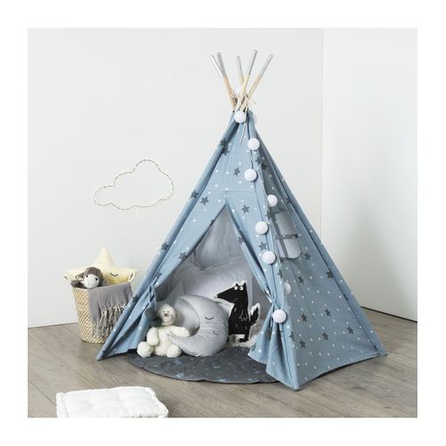 Tipi Enfant Toile Bleue Motif Étoiles Grises Et Argentées H 160 Cm