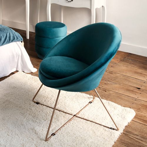 Fauteuil En Velours Bleu Et Pieds En Métal Doré