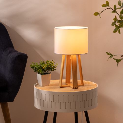 Lampe à Poser Pied En Bois Et Abat-jour Blanc H 34.5 Cm