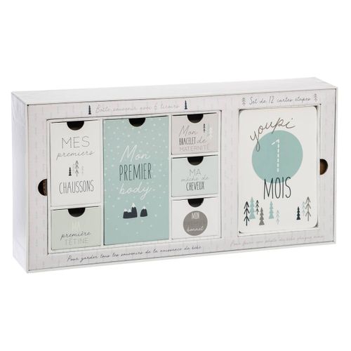 Coffret Naissance Boite Souvenir 6 Tiroirs Et Set De 12 Cartes Étapes