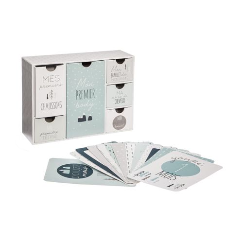 Coffret Naissance Boite Souvenir 6 Tiroirs Et Set De 12 Cartes Étapes
