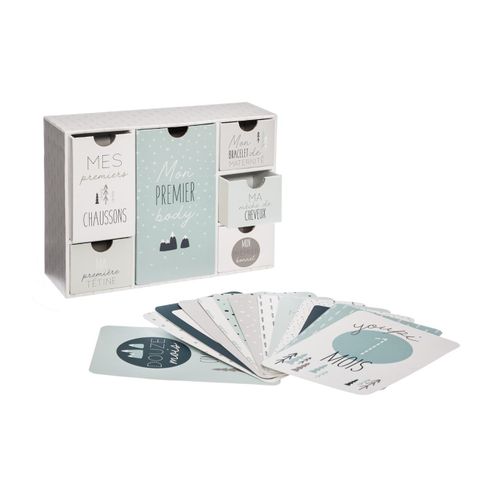 Coffret Naissance Boite Souvenir 6 Tiroirs Et Set De 12 Cartes Étapes