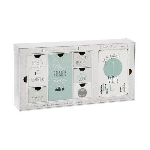 Coffret Naissance Boite Souvenir 6 Tiroirs Et Set De 12 Cartes Étapes
