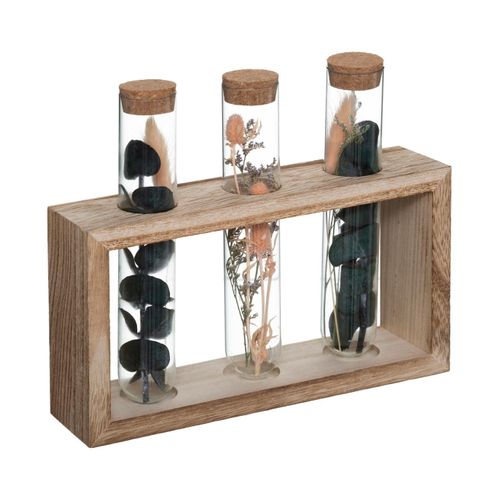 Fleurs Séchées Dans 3 Tubes En Verre Support En Bois L 21 X H 17.2 Cm
