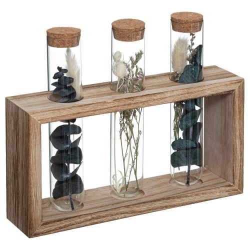 Fleurs Séchées Dans 3 Tubes En Verre Support En Bois L 21 X H 17.2 Cm