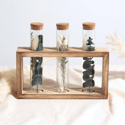 Fleurs Séchées Dans 3 Tubes En Verre Support En Bois L 21 X H 17.2 Cm