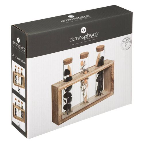 Fleurs Séchées Dans 3 Tubes En Verre Support En Bois L 21 X H 17.2 Cm