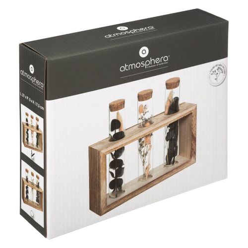 Fleurs Séchées Dans 3 Tubes En Verre Support En Bois L 21 X H 17.2 Cm