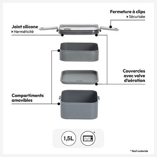 Lunch Box 2 Compartiments Gris 1.5l 360 En Polypropylène