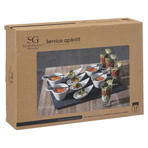 Set Apéritif 17 Pièces 1 Plateau 4 Verrines 4 Coupelles 4 Ramequins 4 Cuillères