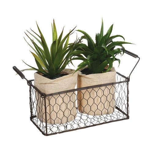 Set 2 Plantes Artificielles Aloe Vera Dans Un Panier En Métal H 21 Cm