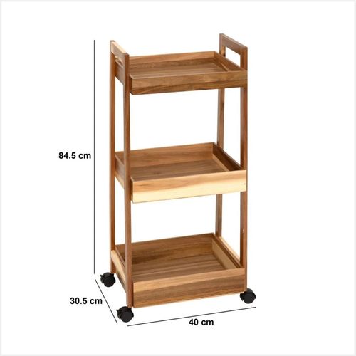 Desserte 3 Niveaux Sur Roulettes Acacia Mdf