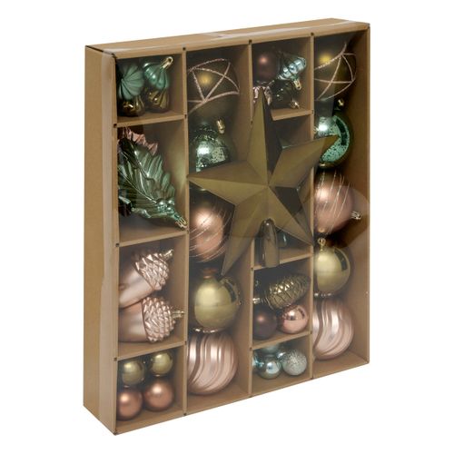 Déco De Sapin De Noël Kit 60 Pièces Assortiment De Boules Et Cimier - Nuance Rose Et Vert