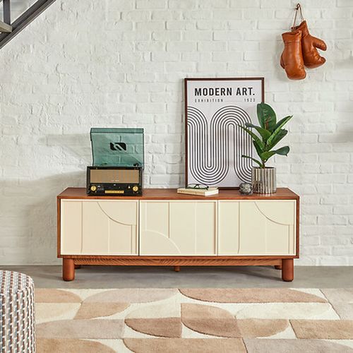 Meuble TV 2 Portes Et 1 Tiroir Design En Relief Jilani - Marron Et Beige