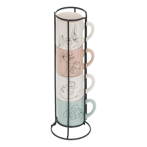 Lot De 4 Mugs Sur Rack "visage" 12cl Multicolore