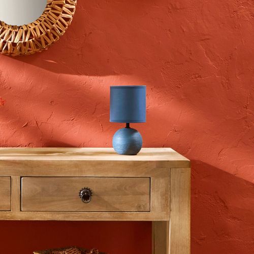 Lampe En Céramique Pied Boule Striée Bleue
