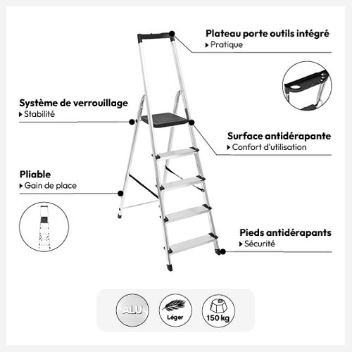 Escabeau Pliable En Aluminium 5 Marches