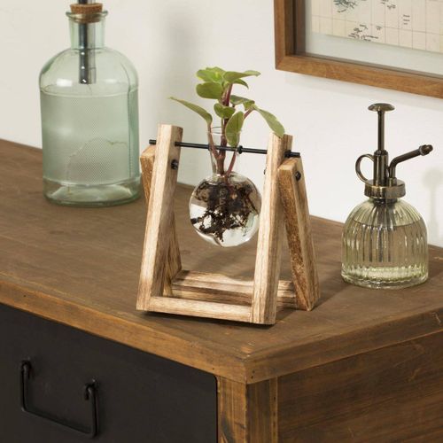 Soliflore En Verre Avec Support En Bois H 16 Cm
