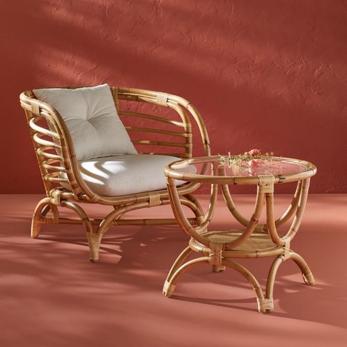 Table D'appoint En Rotin Et Verre Trempé D 59 Cm