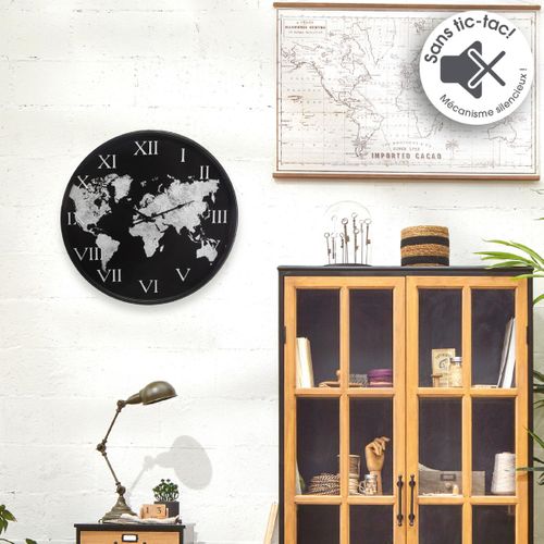 Pendule Murale Silencieuse Monde En Métal Noir Et Blanc D 57 Cm