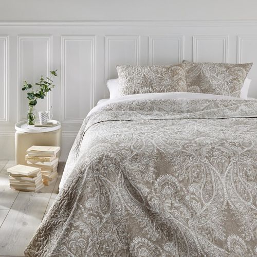 Dessus De Lit Beige Lin Motif Arabesque 240 X 260 Avec 2 Taies