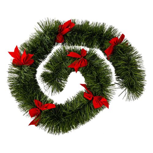Guirlande De Noël Boa Large 20 Cm Vert Avec Noeuds Rouge Longueur 2.7 Mètres
