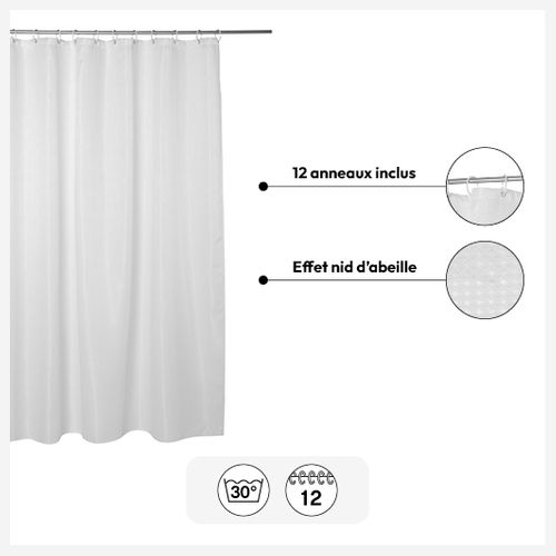 Rideau De Douche Blanc Déco Nid D'abeille 180 X 200 Anneaux Inclus