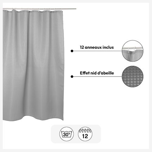 Rideau De Douche Gris Déco Nid D'abeille 180 X 200 Anneaux Inclus