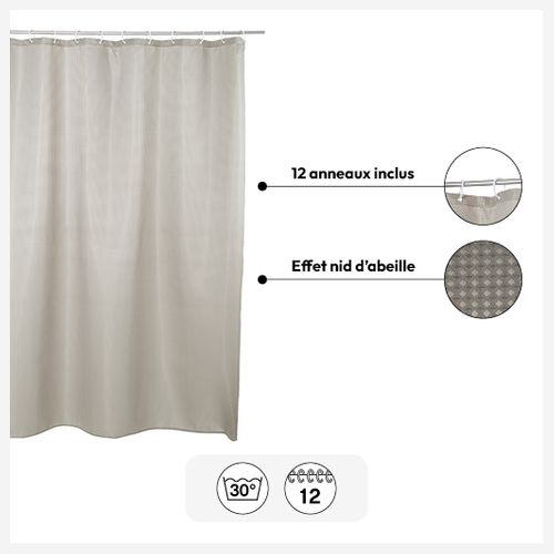 Rideau De Douche Taupe Déco Nid D'abeille 180 X 200 Anneaux Inclus