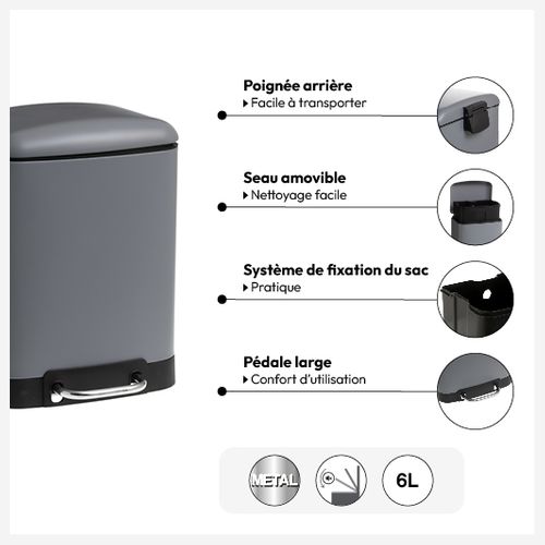 Poubelle à Pédale 6l En Métal Gris Avec Couvercle Frein De Chute