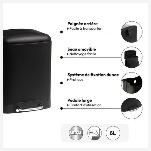 Poubelle à Pédale 6l En Métal Noir Avec Couvercle Frein De Chute