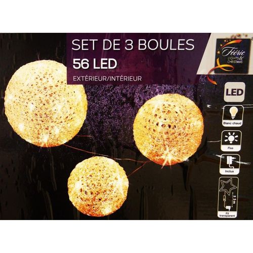 Lot 3 Boules 56 LED Blanc Chaud De Noël
