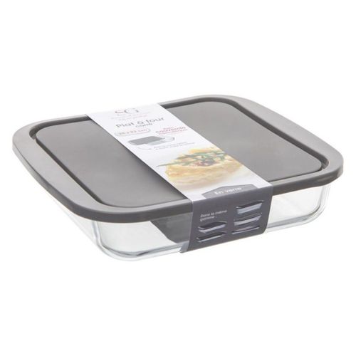 Plat carré 22 cm en verre  avec couvercle gris