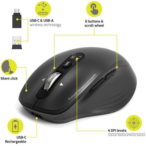 Souris Sans Fil - Port Designs - 910202 Business - Bluetooth et 2.4 Ghz - Rechargeable - Noir