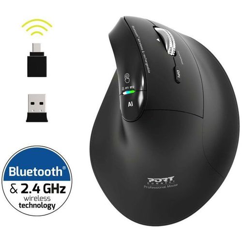 Souris Sans Fil - Port Designs - 910204 Ergo Auditor - Bluetooth et 2.4 Ghz - Rechargeable - Noir