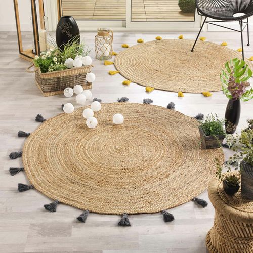 Tapis Rond (0) 120 Cm Jute Uni+pompons Shira Anthracite