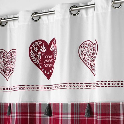 Rideau à Oeillets 140 X 240 Cm – Coton Tissé à Carreaux + Top Imprimé Et Pompons Sweet Heart Naturel