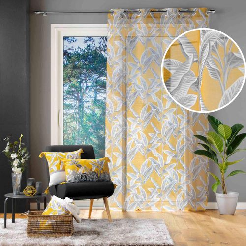 Voilage à Oeillets 140x240 Cm – Voile Sablé Imprimé Feuillage Isibelle Jaune