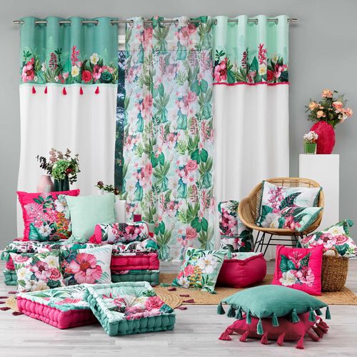 Rideau à Oeillets 140 X 240 Cm – Coton Imprimé Floral Et Franges – Anabella Menthe