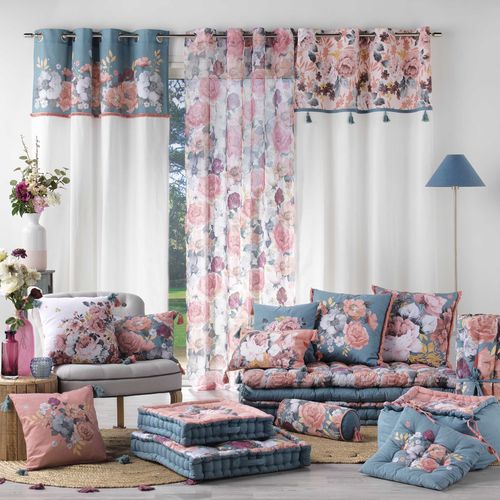 Rideau à Oeillets 140 X 240 Cm – Coton Uni Imprimé Floral Et Franges – Rosalita Bleu