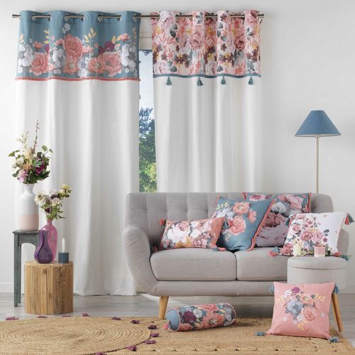 Rideau à Oeillets 140 X 240 Cm – Coton Uni Imprimé Floral Et Franges – Rosalita Bleu