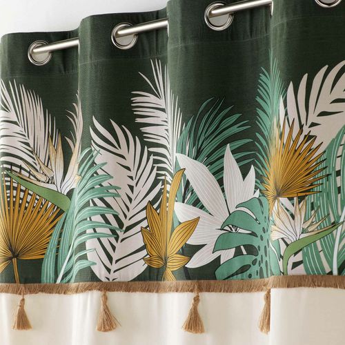 Rideau à Oeillets 140 X 240 Cm Coton Uni + Top Imprimé Tropical et Pompons – Tropilia Kaki