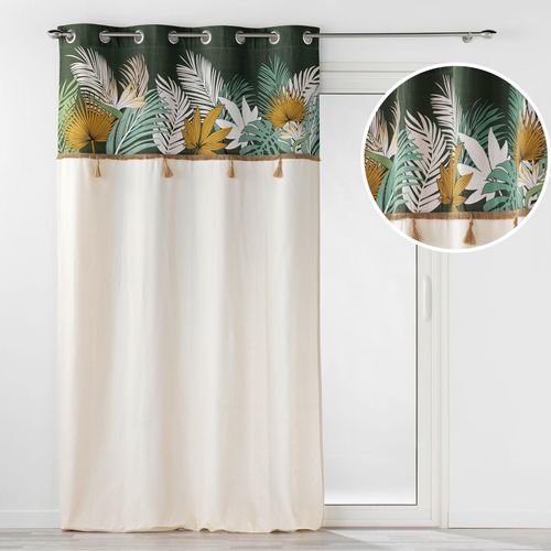 Rideau à Oeillets 140 X 240 Cm Coton Uni + Top Imprimé Tropical et Pompons – Tropilia Kaki