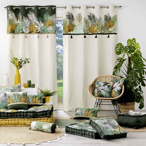 Rideau à Oeillets 140 X 240 Cm Coton Uni + Top Imprimé Tropical et Pompons – Tropilia Kaki